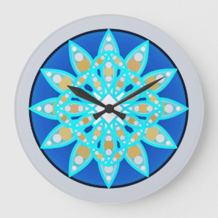 Grande Horloge Ronde Mandala motif en cobalt, gris et turquoise
