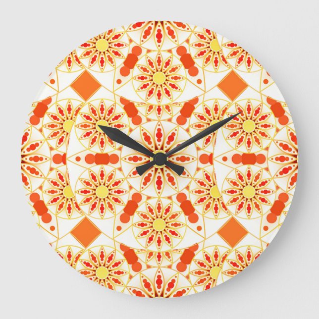 Grande Horloge Ronde Mandala motif, rouge brique, rouille, or (Recto)