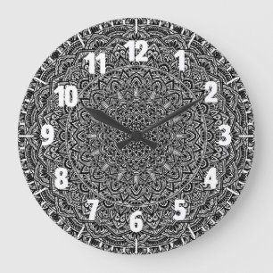 Grande Horloge Ronde Mandala noir et blanc zen