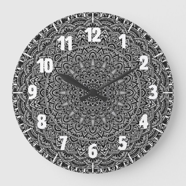 Grande Horloge Ronde Mandala noir et blanc zen (Recto)