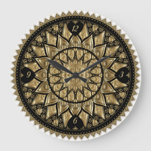 Grande Horloge Ronde Mandala Or Et Noir