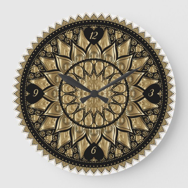 Grande Horloge Ronde Mandala Or Et Noir (Recto)