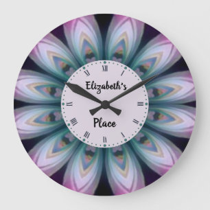 Grande Horloge Ronde Mandala rose & vert Fleur