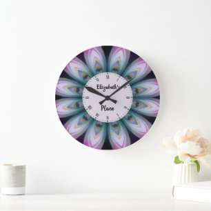 Grande Horloge Ronde Mandala rose & vert Fleur
