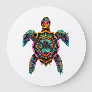 Grande Horloge Ronde Mandala Tortue de Mer Art Animalier Océan Bohème