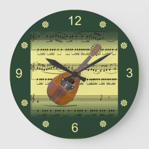 Grande Horloge Ronde Mandolin~Partition roulée~Arrière - plan or/vert~