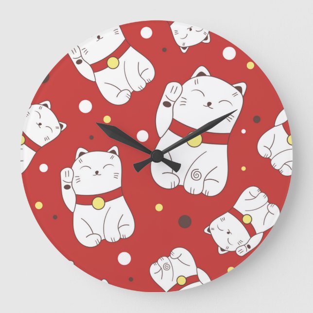 Grande Horloge Ronde Maneki-Neko chat, motif japonais de doodle. (Recto)
