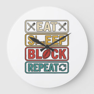 Grande Horloge Ronde Manger Dormir Bloquer Répéter Football Vintage T-S