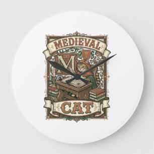 Grande Horloge Ronde Manuscrit médiéval de chat médiéval vintage