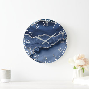 Grande Horloge Ronde Marbre Agate Pailleté Bleu et Faux Argent