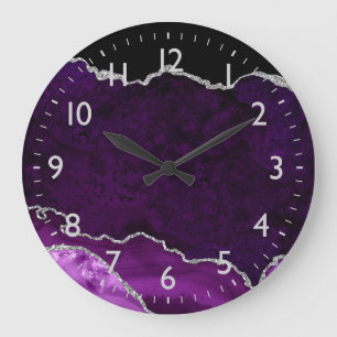 Grande Horloge Ronde Marbre Agate Violet et Argent