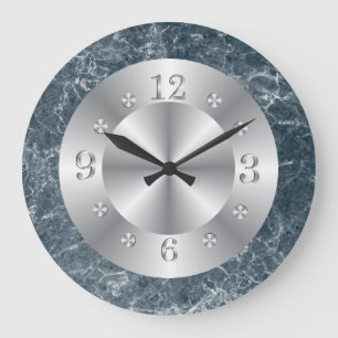Grande Horloge Ronde Marbre Argent Et Bleu Faux