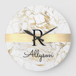 Grande Horloge Ronde Marbre Blanc & Or Barre Or, Monogramme Nom Noir DI