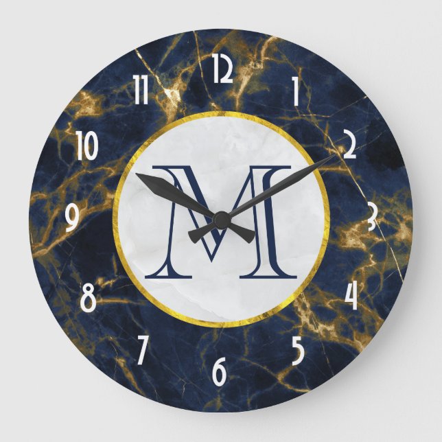 Grande Horloge Ronde Marbre bleu marine et or Marbre moderne Monogramme (Recto)