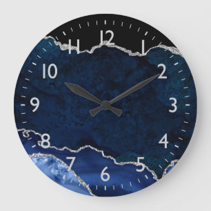 Grande Horloge Ronde Marbre d'agate bleu marine et argent