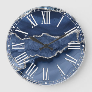 Grande Horloge Ronde Marbre d'agate pailleté bleu et faux argent