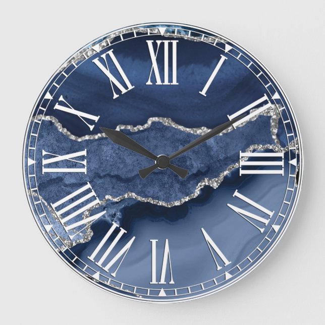 Grande Horloge Ronde Marbre d'agate pailleté bleu et faux argent (Recto)