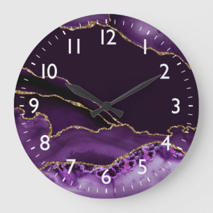 Grande Horloge Ronde Marbre d'agate violet et faux strass argenté