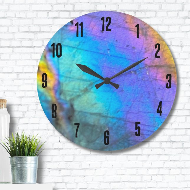 Grande Horloge Ronde Marbre élégant coloré (Trendy Modern Rainbow Labradorite Crystal Stone Large Clock)
