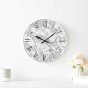 Grande Horloge Ronde Marbre Glam Argent Chiffres Romains Rétro