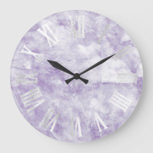 Grande Horloge Ronde Marbre Gris Argent Purple Améthyste Numéros Romain