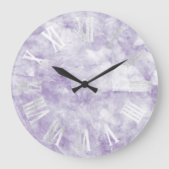 Grande Horloge Ronde Marbre Gris Argent Purple Améthyste Numéros Romain (Recto)