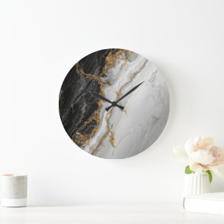 Grande Horloge Ronde Marbre noir élégant avec texture or