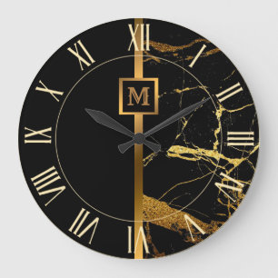 Grande Horloge Ronde Marbre Noir Or Luxe Élégant Moderne