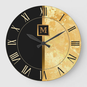 Grande Horloge Ronde Marbre Noir Or Luxueux Élégant Moderne