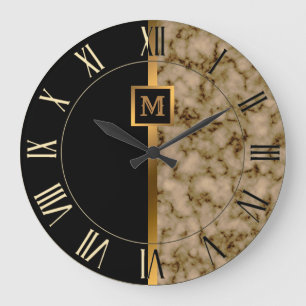 Grande Horloge Ronde Marbre noir or moderne élégant de luxe