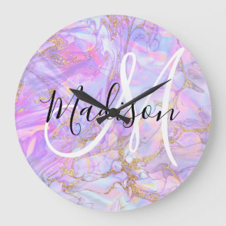 Grande Horloge Ronde Marbre Rose Lavande Moderne Monogramme Nom Or