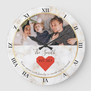 Grande Horloge Ronde Marbre Rouge Cœur Doré Famille Personnalisée Est