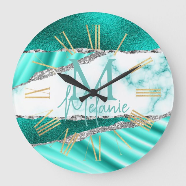 Grande Horloge Ronde Marbre Turquoise et Parties scintillant argentée (Recto)