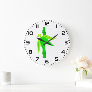 Grande Horloge Ronde Marche en bambou vert avec Feuilles tropicaux