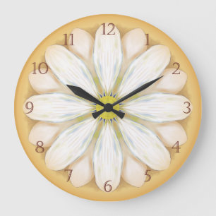 Grande Horloge Ronde Marguerites blanches sur jaune doré