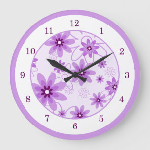 Grande Horloge Ronde Marguerites violettes et blanches