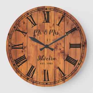 Grande Horloge Ronde Mariage Anniversaire Rustic Wood M. Mme Country