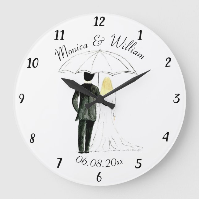 Grande Horloge Ronde Mariage couple Juste marié chic aquarelle (Recto)