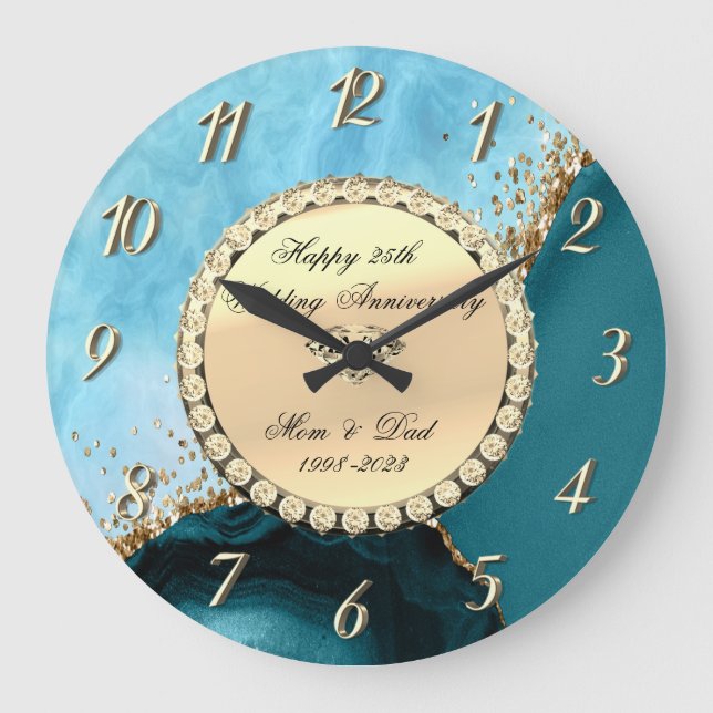 Grande Horloge Ronde Mariage de 25 ans en marbre turquoise pailleté or (Recto)