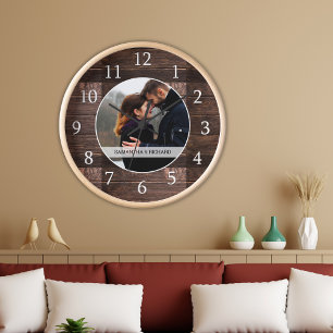 Grande Horloge Ronde Mariage de bois rustique Anniversaire Photo person