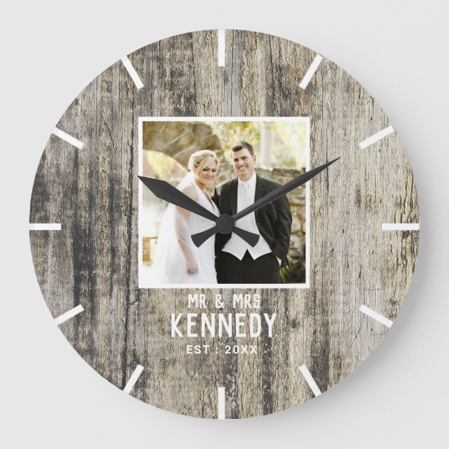 Grande Horloge Ronde Mariage de bois rustique Anniversaire photo person (Recto)