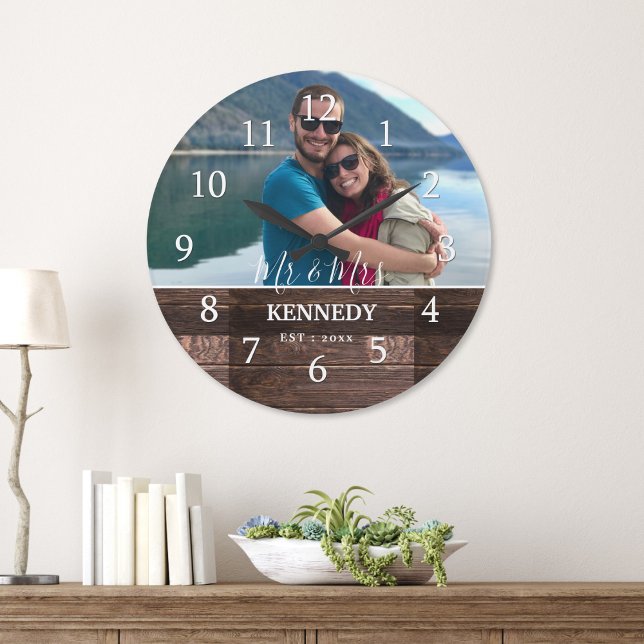 Grande Horloge Ronde Mariage de bois rustique personnalisé Anniversaire (Personalized Rustic Wood Wedding Anniversary Photo Large Clock,)