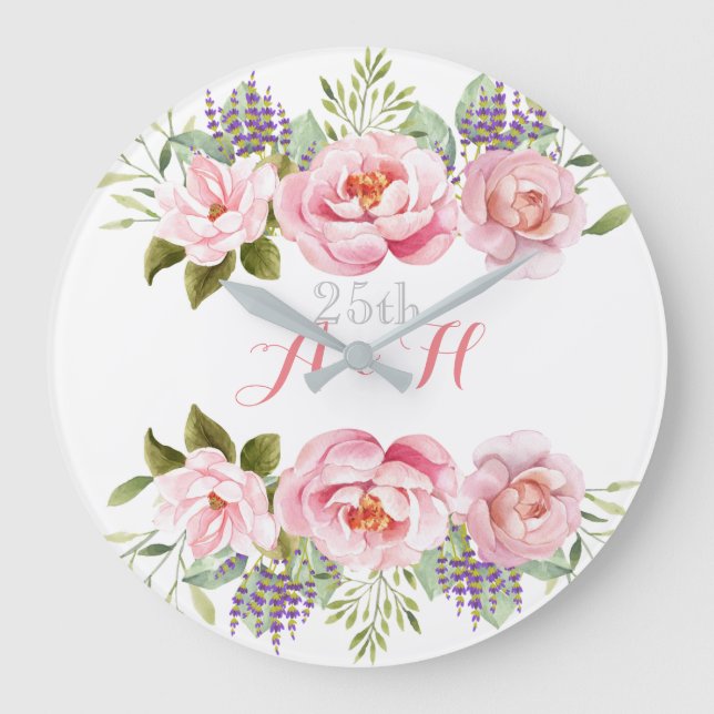 Grande Horloge Ronde Mariage de monogramme rose Elegant Floral Wreath 2 (Recto)