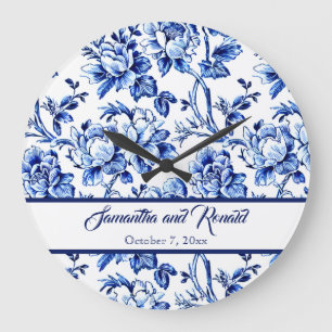 Grande Horloge Ronde Mariage de tuile florale bleu et blanc personnalis