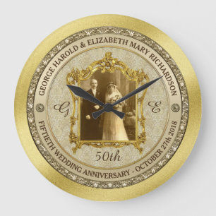 Grande Horloge Ronde Mariage d'or Anniversaire classique cadre photo