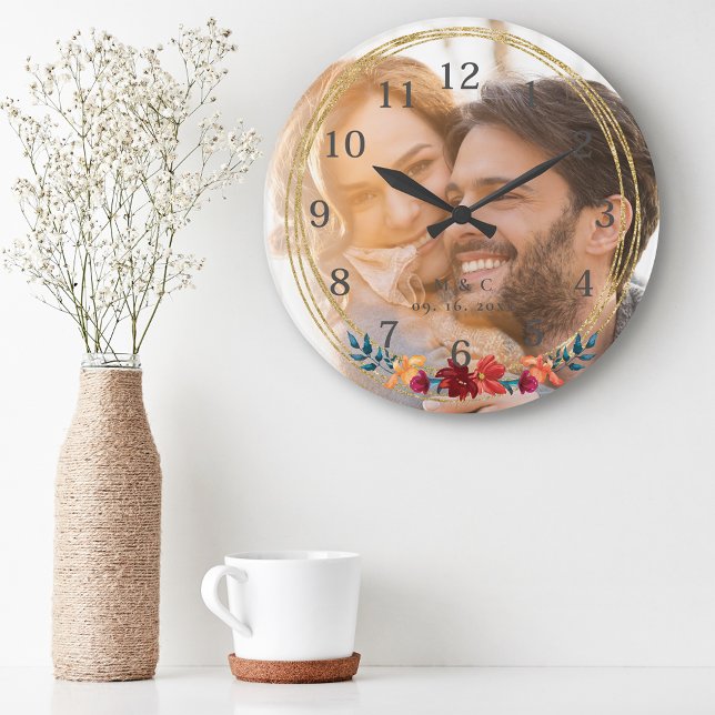 Grande Horloge Ronde Mariage Élégant de Monogramme de Photo (Créateur téléchargé)