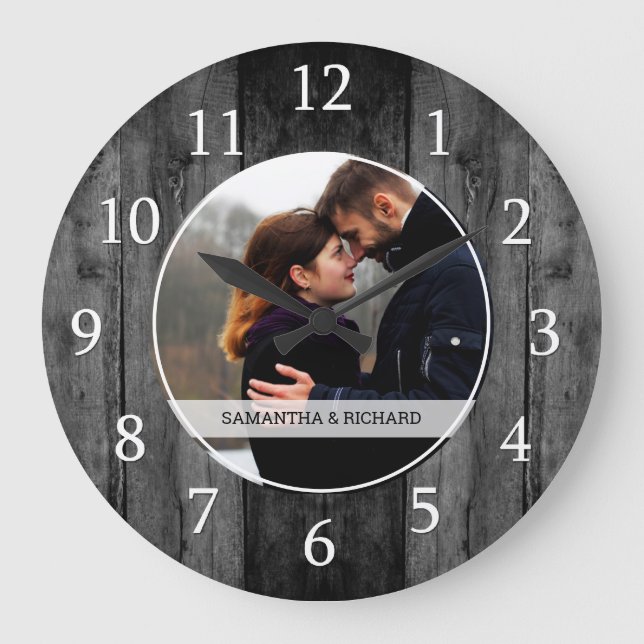 Grande Horloge Ronde Mariage en bois noir Anniversaire Photo personnali (Recto)