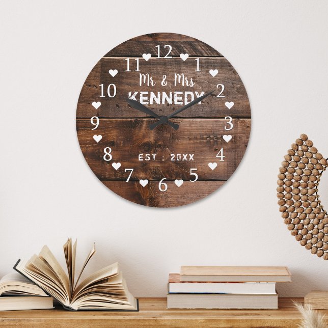 Grande Horloge Ronde Mariage en bois Patiné Brown rustique (Rustic Brown Weathered Wood Wedding Large Clock
)