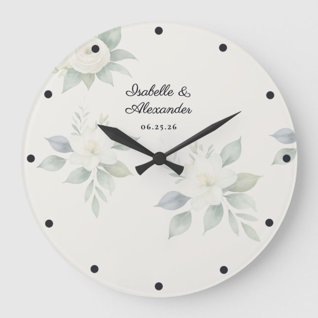 Grande Horloge Ronde Mariage floral aquarelle élégant personnalisé (Recto)