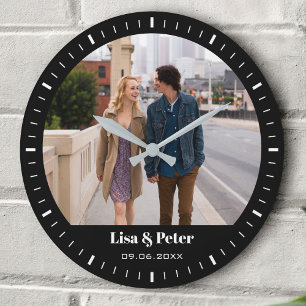 Grande Horloge Ronde Mariage minimaliste Saint-Valentin noir et blanc